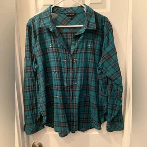 Rock & Republic plaid ladies buttondown long sleeved shirt w/studs cotton Size L